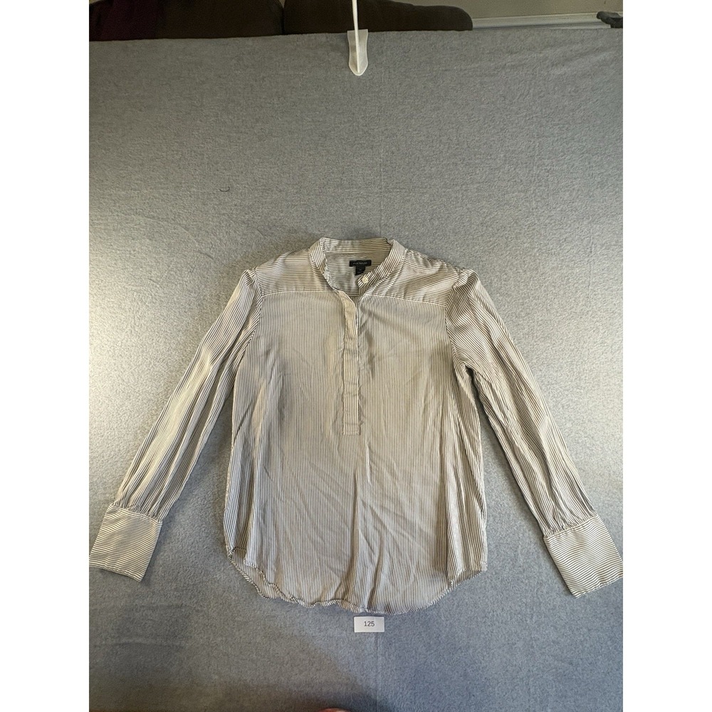 Women's Button-Up blouse greyish-navy pinstripe on cream, by Ann Taylor